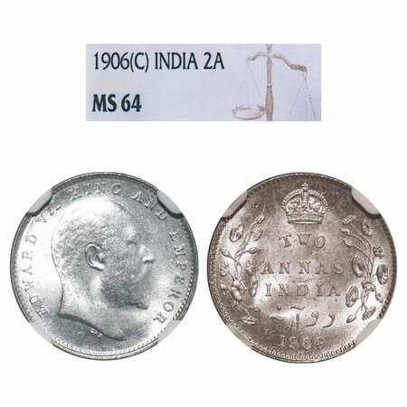 Edward VII, Silver, 2 Annas, 1906, Calcutta Mint, No mint mark. F. Prid 59. GK 983. NGC Sl