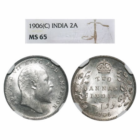 Edward VII, Silver, 2 Annas, 1906, Calcutta Mint, No mint mark. F. Prid 559. GK 983. NGC S