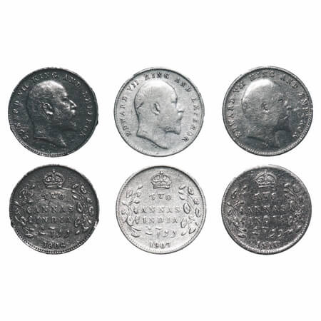 Edward VII, Silver, 2 Annas, (3 coins) 1906, 1907, 1910, Calcutta Mint, No mint mark. F. P