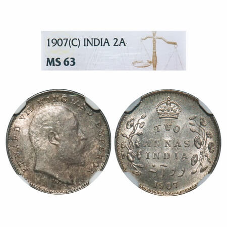 Edward VII, Silver, 2 Annas, 1907, Calcutta Mint, No mint mark. F. Prid 560. GK 984. NGC S