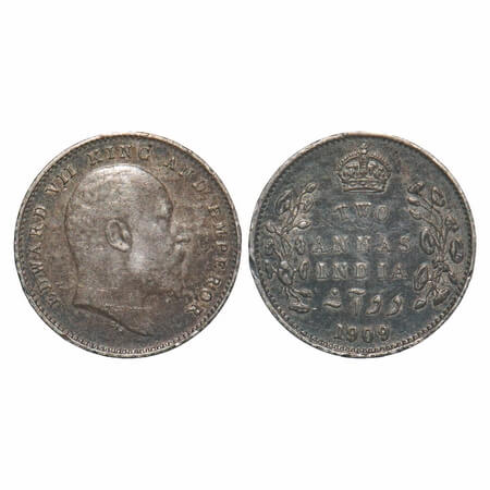 Edward VII, Silver, 2 Annas, 1909, Calcutta Mint, No mint mark. F. Prid 562. GK 986. Very 