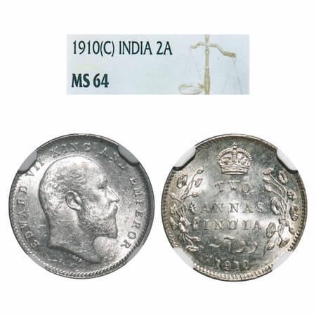 Edward VII, Silver, 2 Annas, 1910, Calcutta Mint, No mint mark. F. Prid 563. GK 987. NGC S