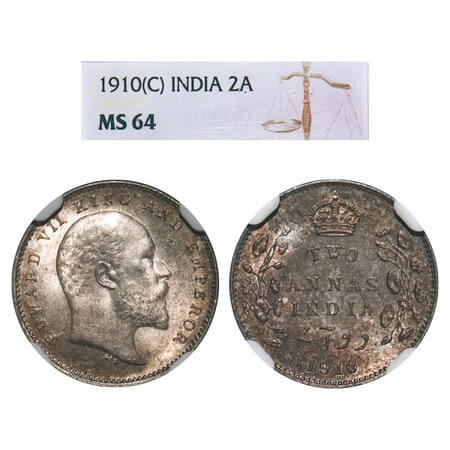 Edward VII, Silver, 2 Annas, 1910, Calcutta Mint, No mint mark. F. Prid 563. GK 987. NGC S
