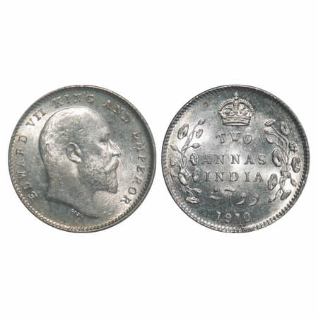 Edward VII, Silver, 2 Annas, 1910, Calcutta Mint, No mint mark. F. Prid 563. GK 987. Mint 