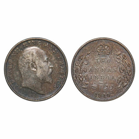 Edward VII, Silver, 2 Annas, 1910, Bombay Mint, Dot. F. Prid Unlisted. GK 988. Extremely F