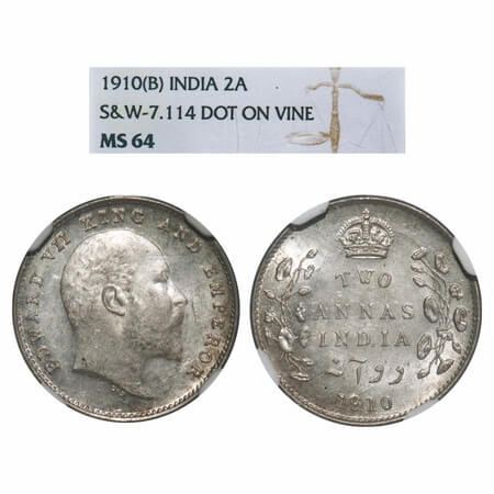 Edward VII, Silver, 2 Annas, 1910, Bombay Mint, Dot. F. Prid Unlisted. GK 988. NGC Slabbed
