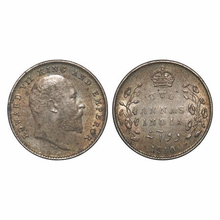 Edward VII, Silver, 2 Annas, 1910, Bombay Mint, Dot. F. Prid Unlisted. GK 988. Almost Unci