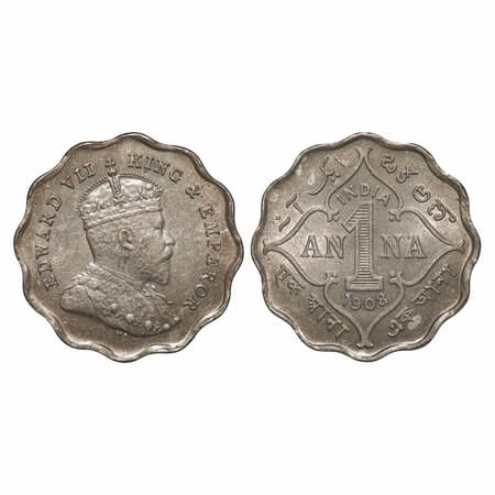 Edward VII, Copper-Nickel, 1 Anna, 1908, Bombay Mint, 'B' incused. F. Prid 927. GK 991. Al