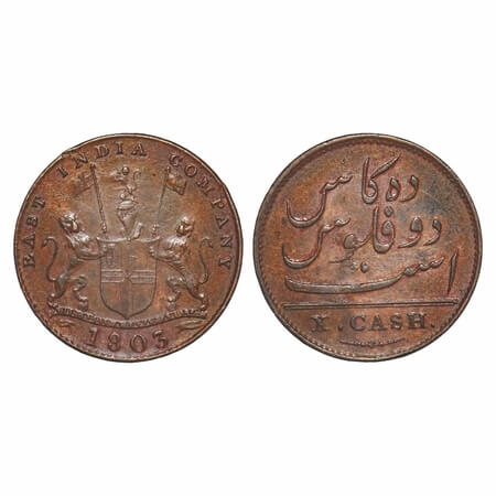 Madras Presidency, Copper X (Ten) Cash, 5.83g (Heavy Issue), Struck at Soho Mint, 1803 AD,