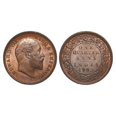 Edward VII, Copper, Quarter Anna, 1905, Calcutta Mint, No mint mark. F. Prid 649. GK 996.