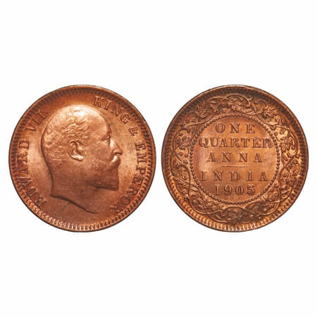 Edward VII, Copper, Quarter Anna, 1905, Calcutta Mint, No mint mark. F. Prid 649. GK 996. 