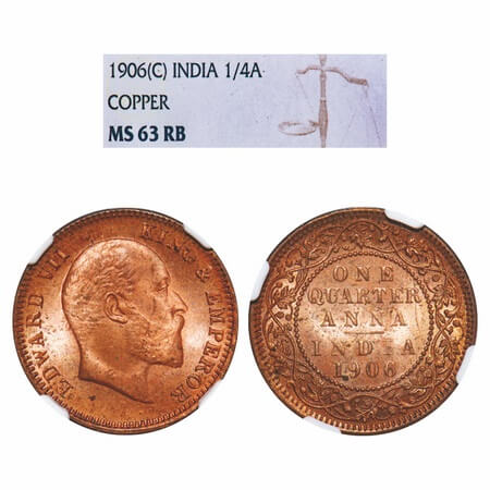 Edward VII, Copper, Quarter Anna, 1906, (6.47gm), Copper mentioned on the slab) Calcutta M