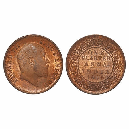 Edward VII, Copper, Quarter Anna, 1906, (6.45gm), Calcutta Mint, No mint mark. F. Prid 650
