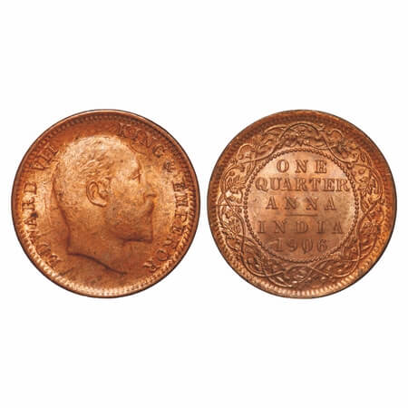 Edward VII, Copper, Quarter Anna, 1906, (6.47gm), Calcutta Mint, No mint mark, Die crack o