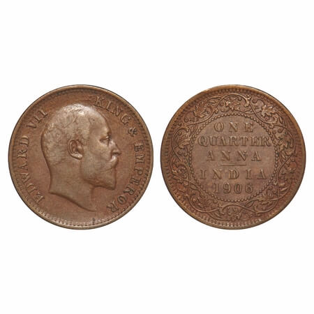 Edward VII, Bronze, Quarter Anna, 1906, (4.85gm), Calcutta Mint, No mint mark. F. Prid 651