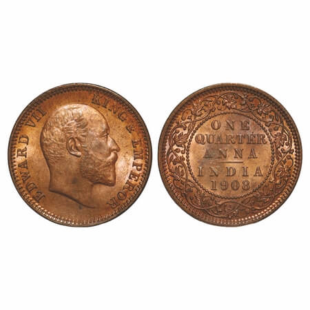 Edward VII, Bronze, Quarter Anna, 1908, Calcutta Mint, No mint mark. F. Prid 653. GK 1000.