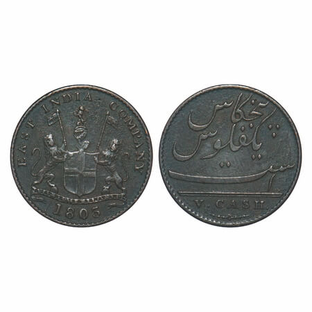 Madras Presidency, Copper V (Five) Cash, 3.20g, Struck at Soho Mint, 1803 AD, Obv: Coat of