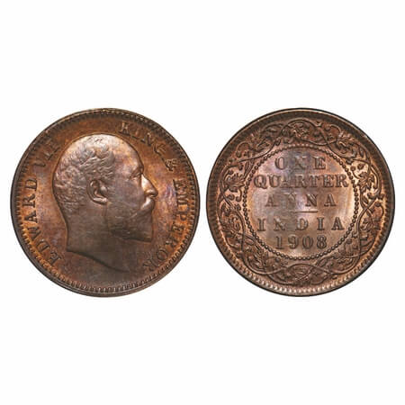 Edward VII, Bronze, Quarter Anna, 1908, Calcutta Mint, No mint mark, Ghost on Rev. F. Prid