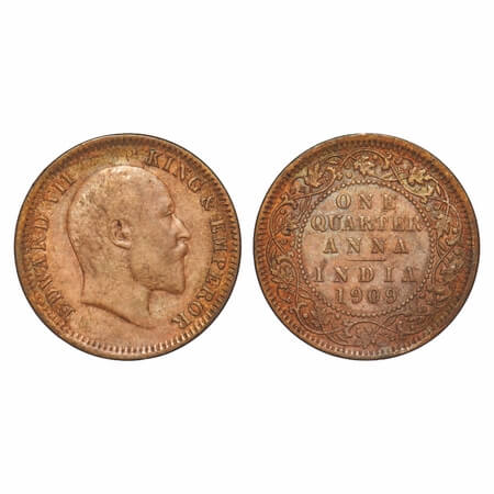 Edward VII, Bronze, Quarter Anna, 1909, Calcutta Mint, No mint mark. F. Prid 654. GK 1001.