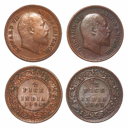 Edward VII, Copper, 1/2 Pice, (2 coins), 1904, 1905, Calcutta Mint, No mint mark. F. Prid 
