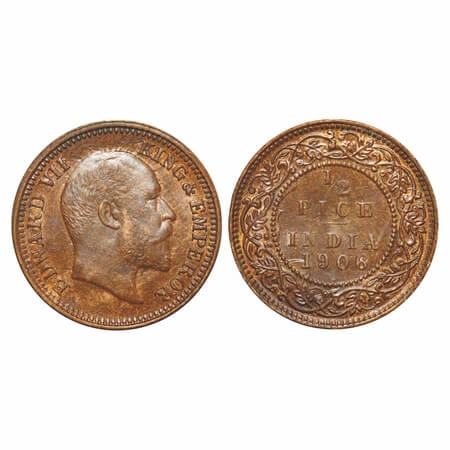Edward VII, Bronze, 1/2 Pice, (2.45gm), 1906, Calcutta Mint, No mint mark, Complete skull 