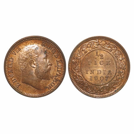 Edward VII, Bronze, 1/2 Pice, 1907, Calcutta Mint, No mint mark, Ghost on Obv and Rev. F. 