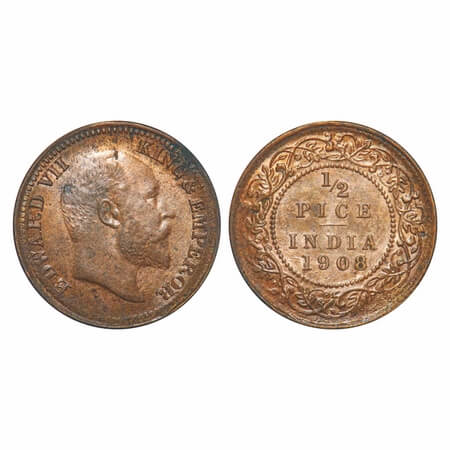 Edward VII, Bronze, 1/2 Pice, 1908, Calcutta Mint, No mint mark. F. Prid 742. GK 1009. Unc
