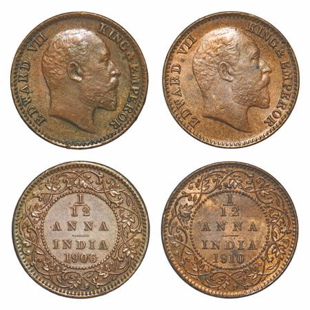 Edward VII, Mix Metal, 1/12 Anna, (2 coins), 1) Copper, 1906, Calcutta Mint, No mint mark,