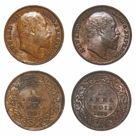 Edward VII, Bronze, 1/12 Anna, (2 coins), 1907, 1909, Calcutta Mint, No mint mark, Ghost o