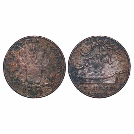 Madras Presidency, Copper V (Five) Cash, 2.78g, Struck at Soho Mint, 1803 AD, Obv: Coat of