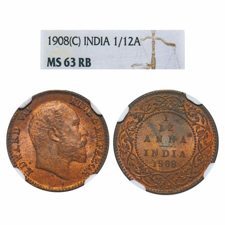 Edward VII, Bronze, 1/12 Anna, 1908, Calcutta Mint, No mint mark. F. Prid 824. GK 1018. NG