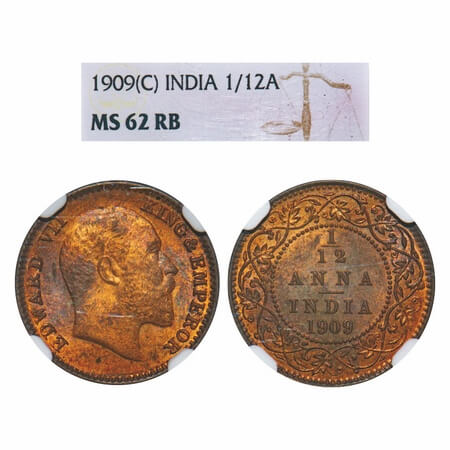 Edward VII, Bronze, 1/12 Anna, 1909, Calcutta Mint, No mint mark. F. Prid 825. GK 1019. NG