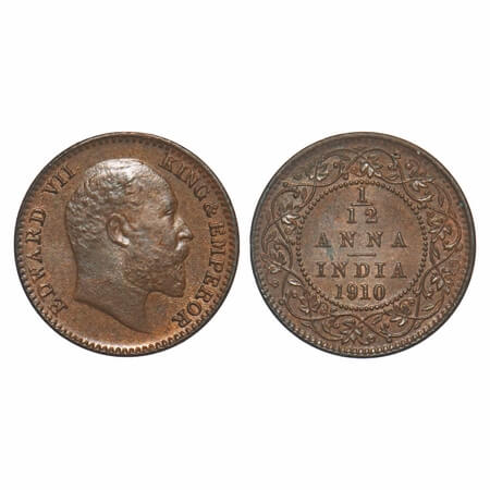 Edward VII, Bronze, 1/12 Anna, 1910, Calcutta Mint, No mint mark. F. Prid 826. GK 1020. Ab