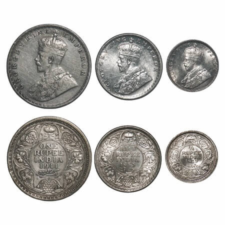 George V, Silver, (3 coins), 1) Rupee, 1911, Calcutta Mint, No dot, Pig-Type, 2) Half Rupe