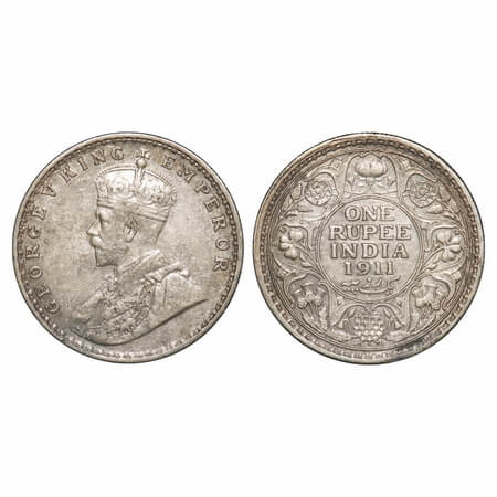 George V, Silver, Rupee, 1911, Bombay Mint, Dot, Pig-Type. F. Prid. 217. GK 1022. Extremel