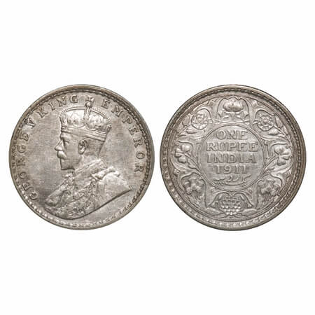 George V, Silver, Rupee, 1911, Bombay Mint, Dot, Pig-Type. F. Prid. 217. GK 1022. Extremel