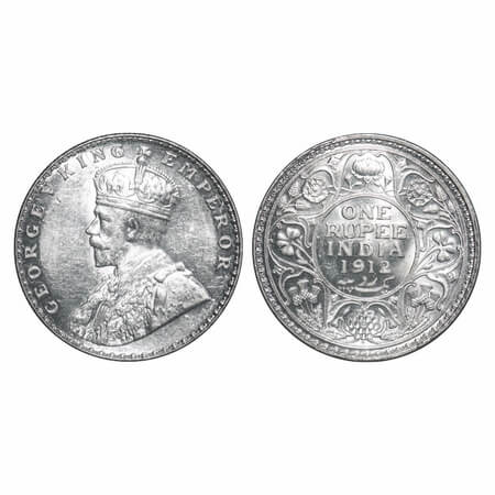 George V, Silver, Rupee, 1912, Bombay Mint, Dot, Re-Drawn Elephant with long tusk, Raised 