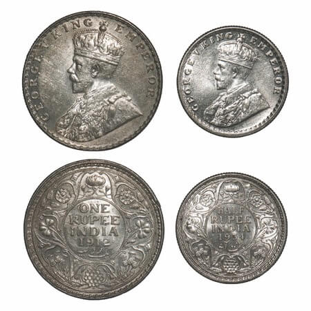 George V, Silver, (2 coins), 1) Rupee, 1912, Bombay Mint, Dot, Re-Drawn Elephant with long