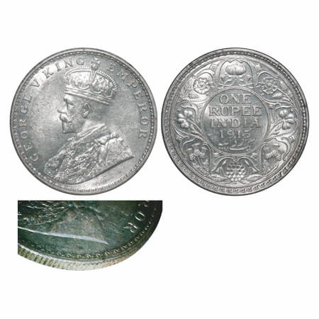 George V, Silver, Rupee, 1913, Bombay Mint, Dot, Raised initials 'B.M.' of Bertram MacKenn