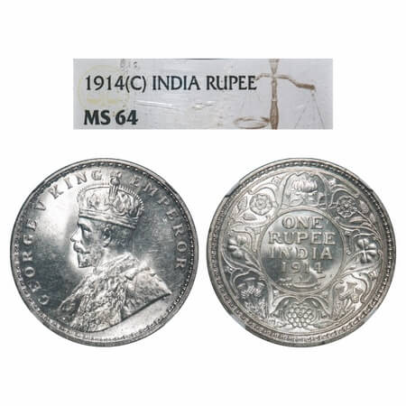 George V, Silver, Rupee, 1914, Calcutta Mint, No dot. F. Prid 210. GK 1029. NGC Slabbed MS