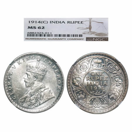 George V, Silver, Rupee, 1914, Calcutta Mint, No dot. F. Prid 210. GK 1029. NGC Slabbed MS