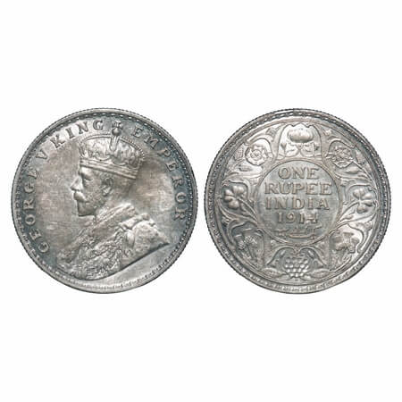 George V, Silver, Rupee, 1914, Bombay Mint, Dot. F. Prid 220. GK 1030. Uncirculated. Very 