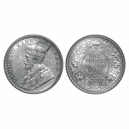 George V, Silver, Rupee, 1914, Bombay Mint, Dot. F. Prid 220. GK 1030. Brilliant Uncircula