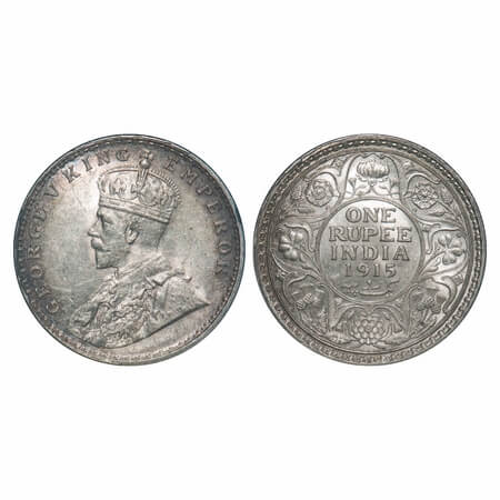 George V, Silver, Rupee, 1915, Calcutta Mint, No dot. F. Prid 211 . GK 1031. Uncirculated.