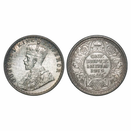 George V, Silver, Rupee, 1915, Bombay Mint, Dot. F. Prid 221. GK 1032. About Uncirculated.
