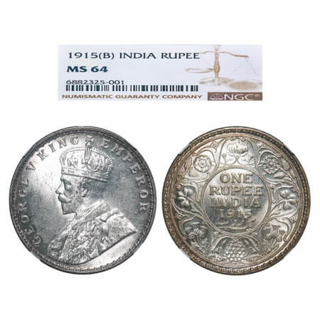 George V, Silver, Rupee, 1915, Bombay Mint, Dot. F. Prid 221. GK 1032. NGC Slabbed MS 64. 