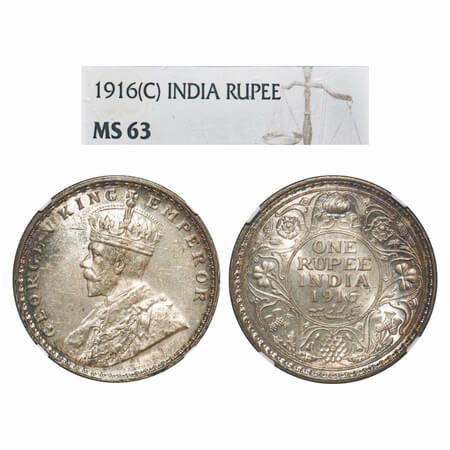 George V, Silver, Rupee, 1916, Calcutta Mint, No dot. F. Prid 212. GK 1033. NGC Slabbed MS