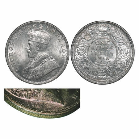 George V, Silver, Rupee, 1916, Bombay Mint, Dot, Raised initials 'B.M.' of Bertram MacKenn