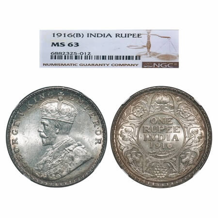 George V, Silver, Rupee, 1916, Bombay Mint, Dot. F. Prid 222. GK 1034. NGC Slabbed MS 63. 