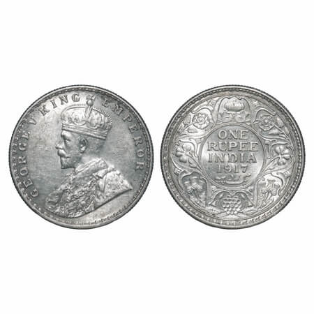 George V, Silver, Rupee, 1917, Calcutta Mint, No dot. F. Prid 213. GK 1035. About Uncircul